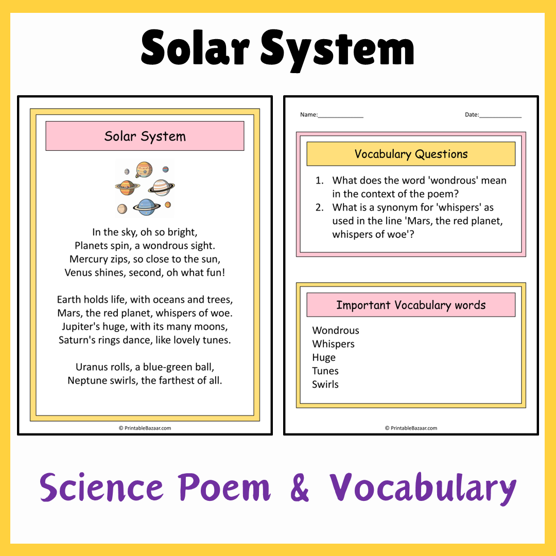 Solar System | Science Poem Reading Comprehension Activity