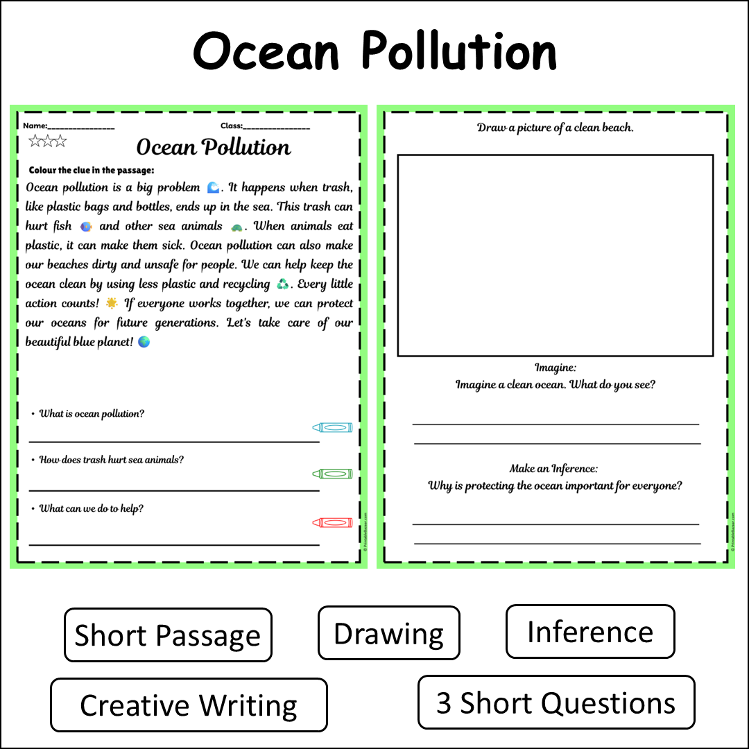 Ocean Pollution | Short Reading Comprehension Creative Worksheet