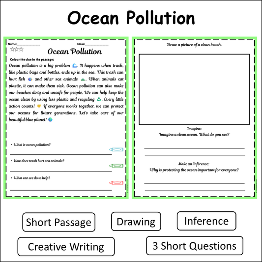 Ocean Pollution | Short Reading Comprehension Creative Worksheet