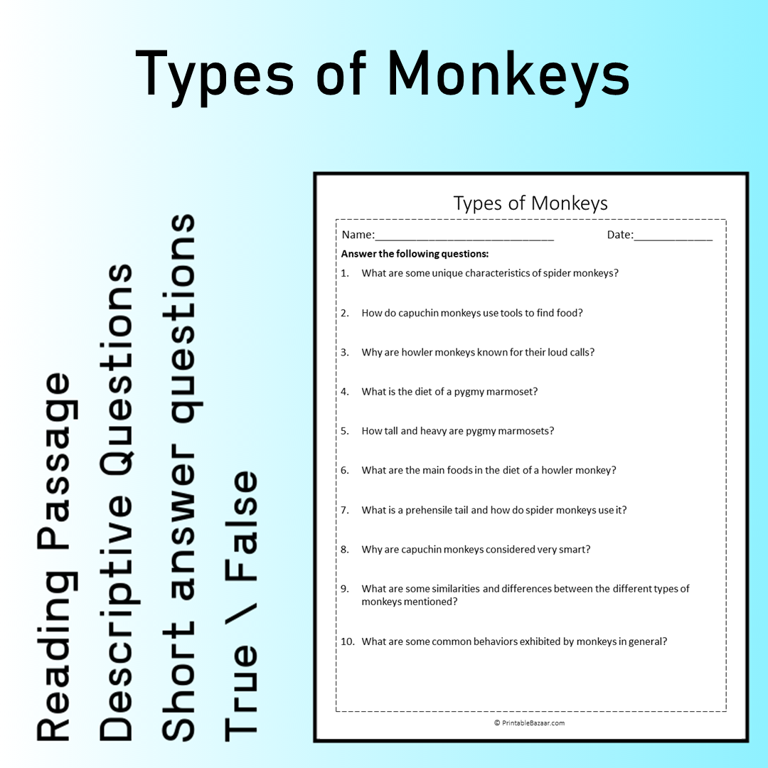 Types of Monkeys | Reading Comprehension Passage Printable Worksheet