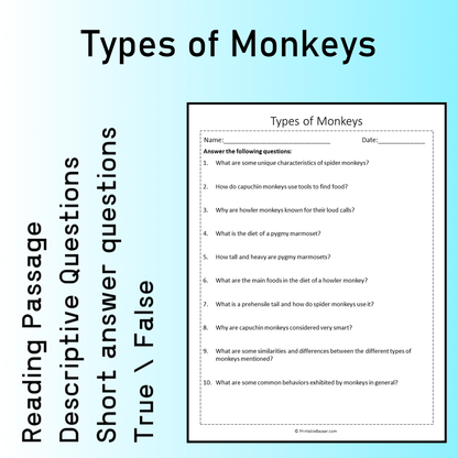 Types of Monkeys | Reading Comprehension Passage Printable Worksheet