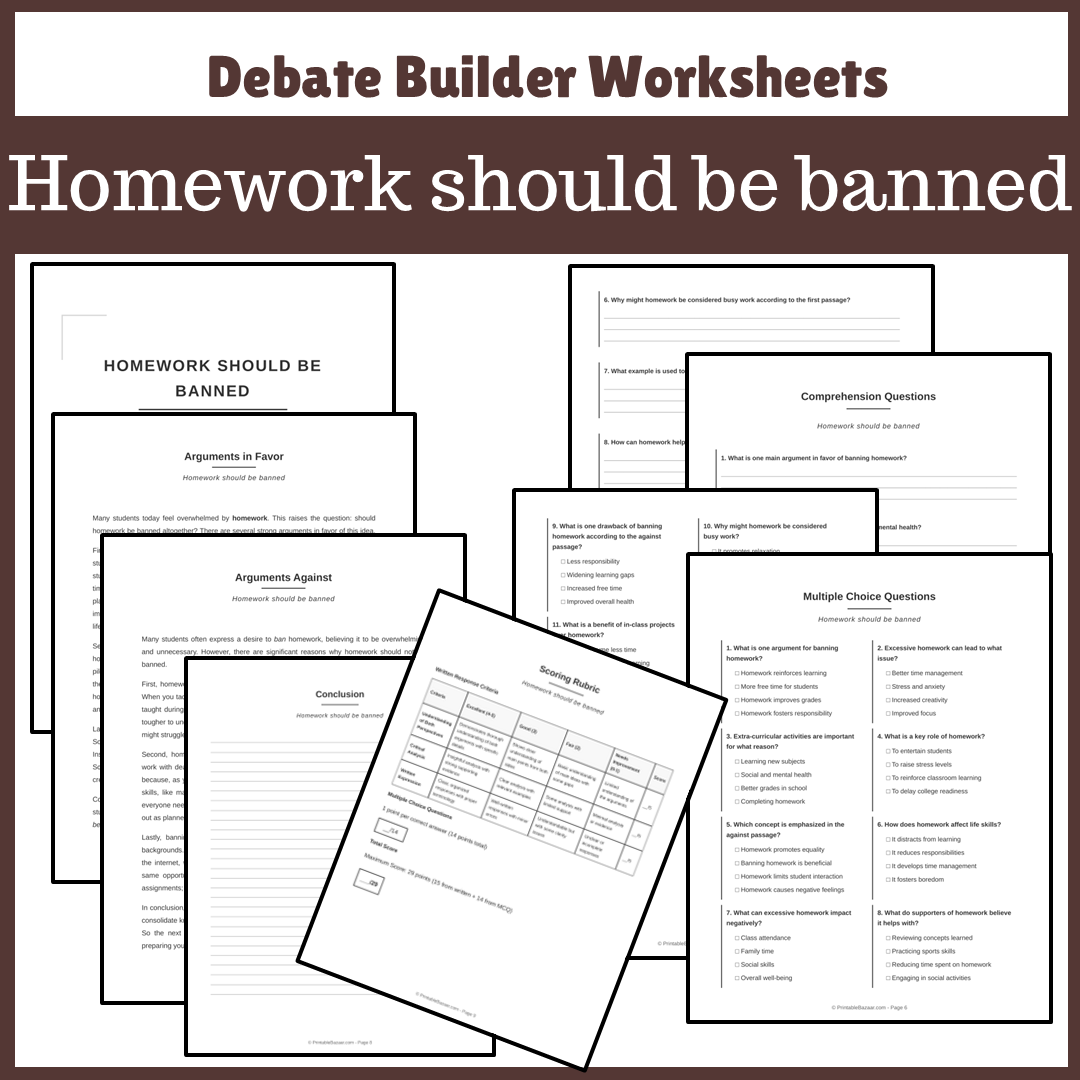 Homework should be banned | Favour and Against Worksheet Printable Activity