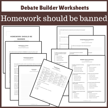 Homework should be banned | Favour and Against Worksheet Printable Activity