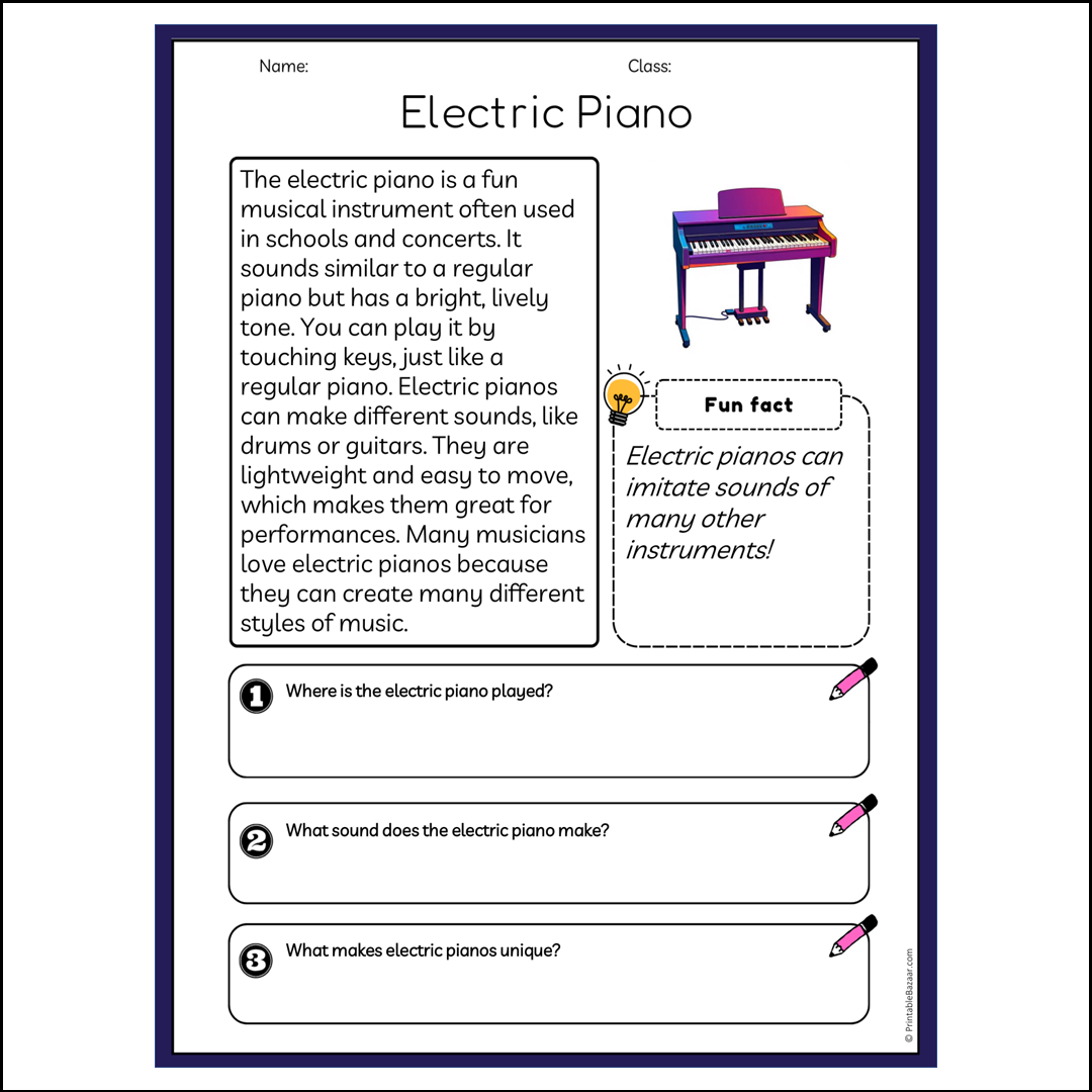 Electric Piano | Reading Passage Comprehension Questions Writing Facts Worksheet