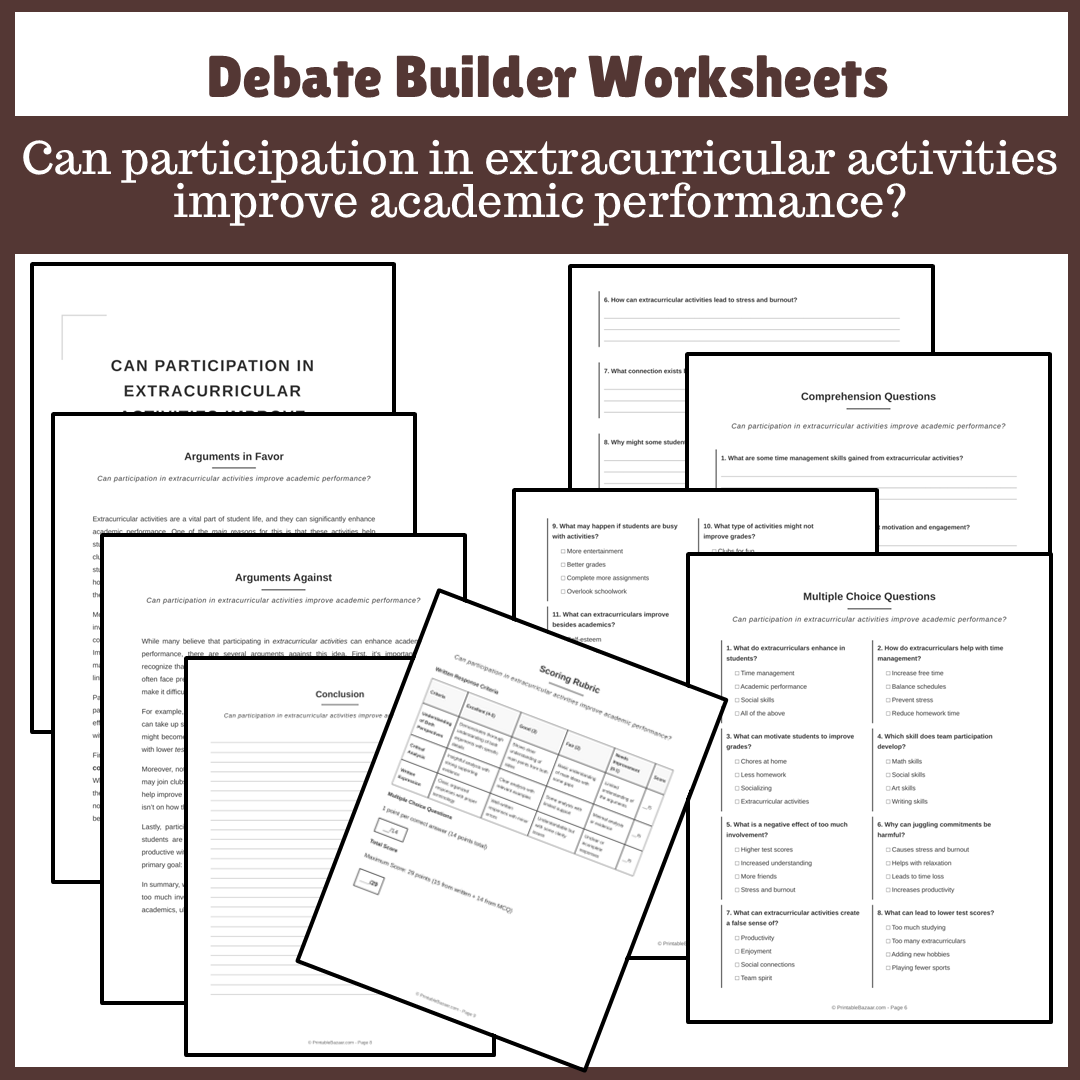 Can participation in extracurricular activities improve academic performance? | Favour and Against Worksheet Printable Activity