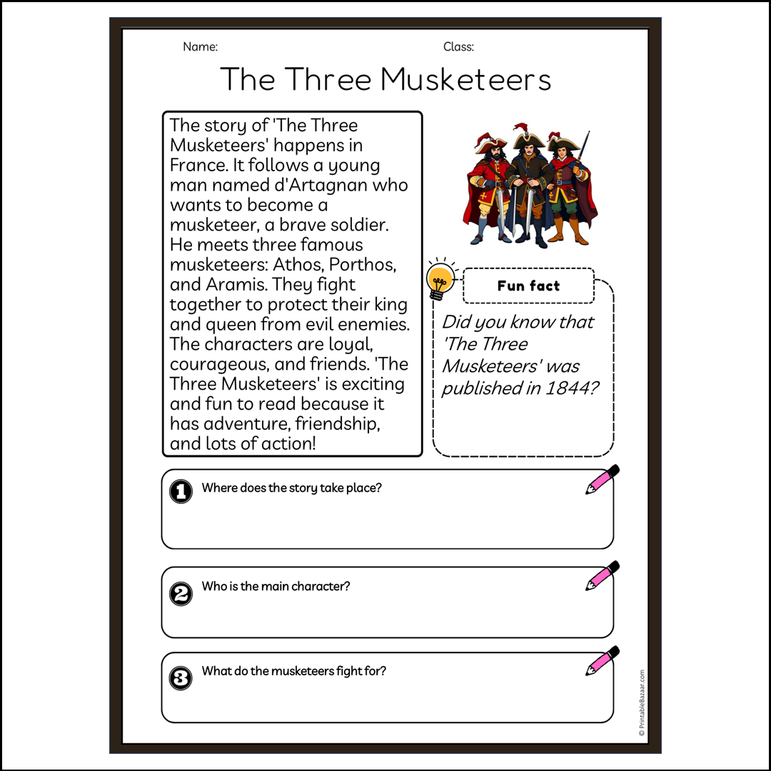 The Three Musketeers | Reading Passage Comprehension Questions Writing Facts Worksheet