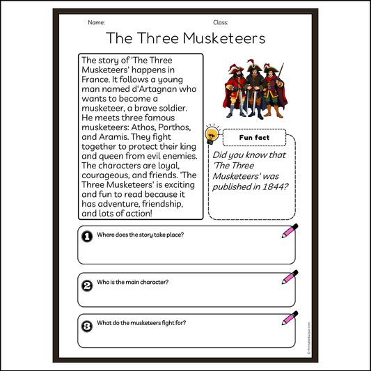 The Three Musketeers | Reading Passage Comprehension Questions Writing Facts Worksheet