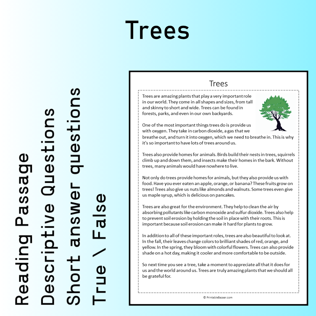 Trees | Reading Comprehension Passage Printable Worksheet