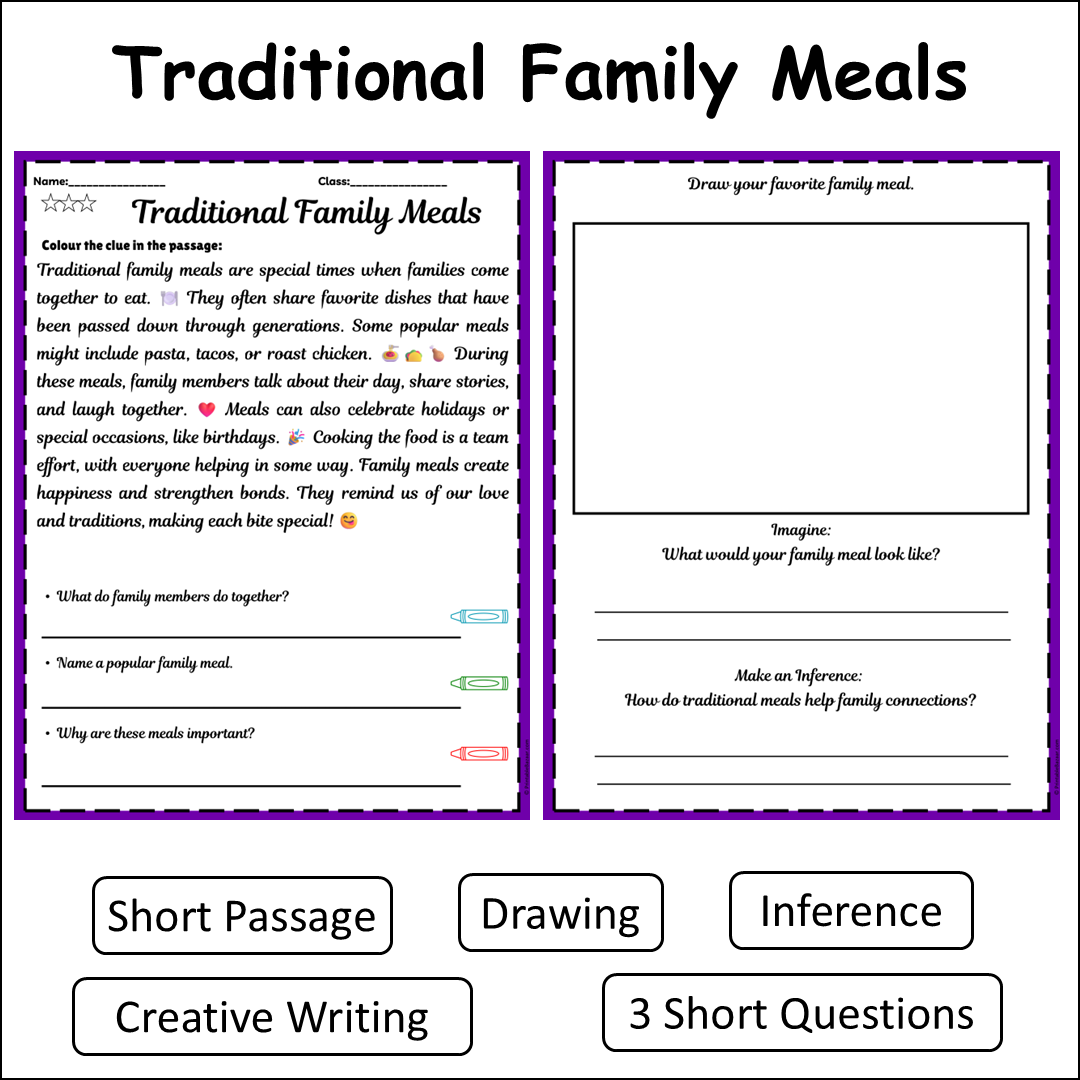 Traditional Family Meals | Short Reading Comprehension Creative Worksheet