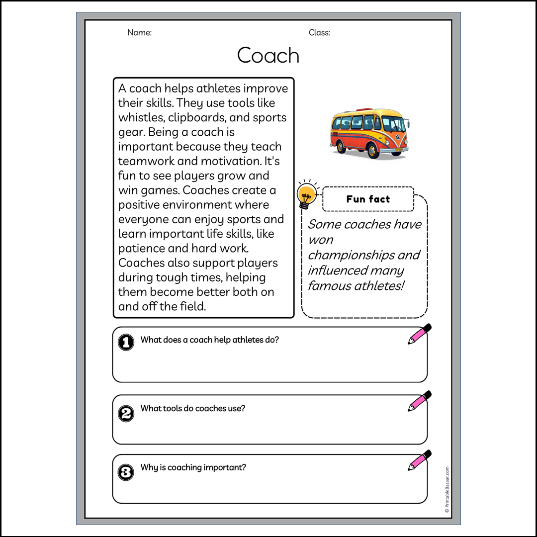 Coach | Reading Passage Comprehension Questions Writing Facts Worksheet