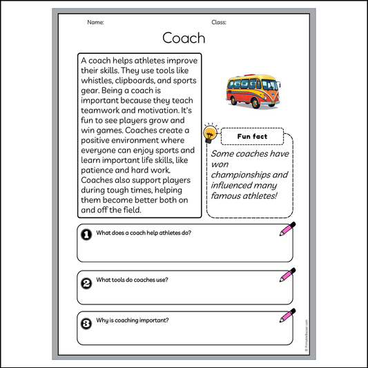 Coach | Reading Passage Comprehension Questions Writing Facts Worksheet