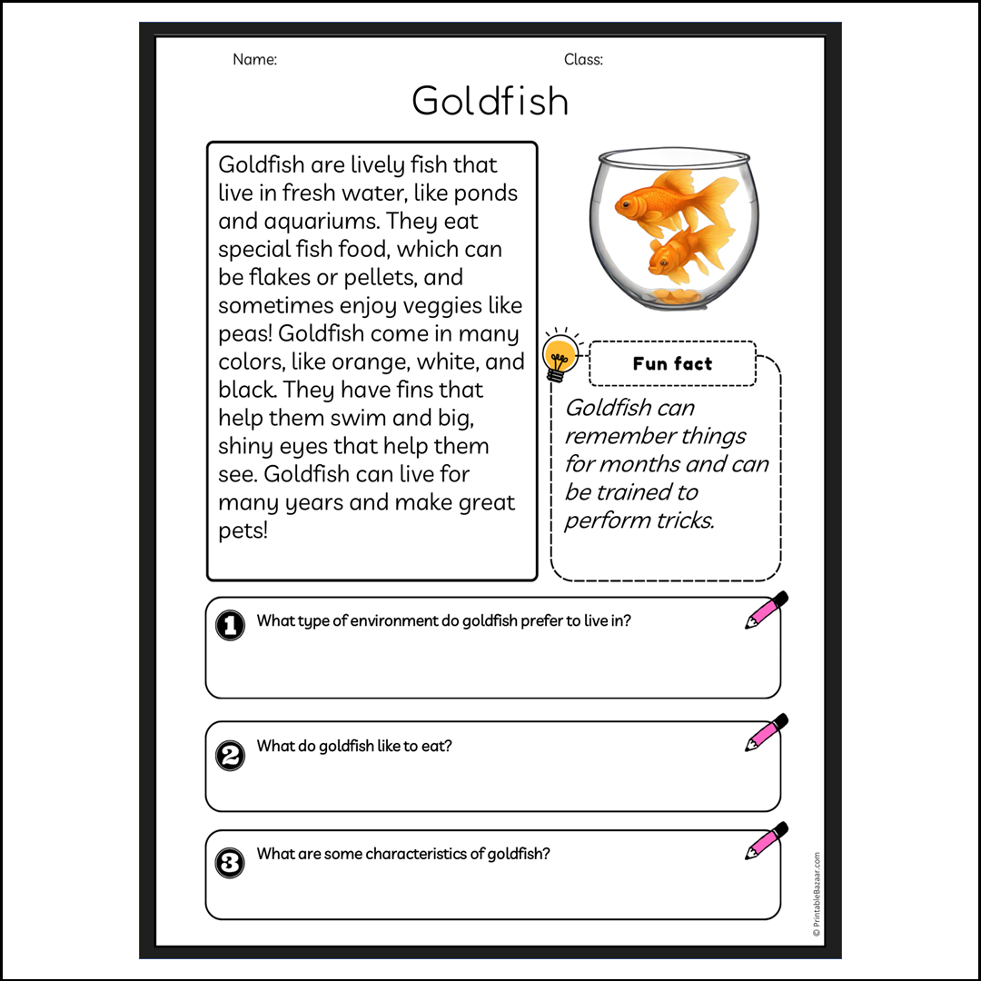 Goldfish | Reading Passage Comprehension Questions Writing Facts Worksheet