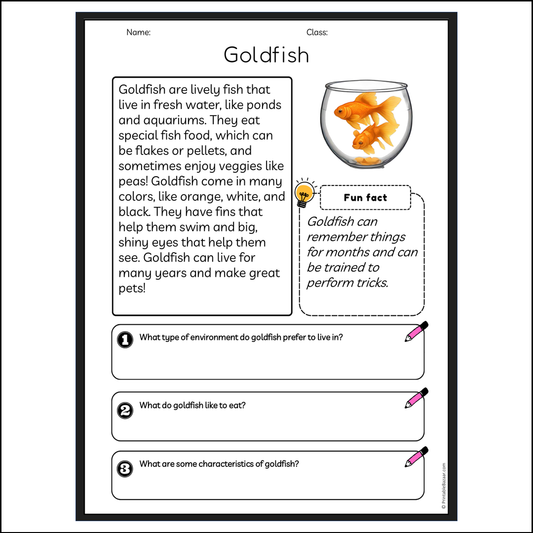 Goldfish | Reading Passage Comprehension Questions Writing Facts Worksheet