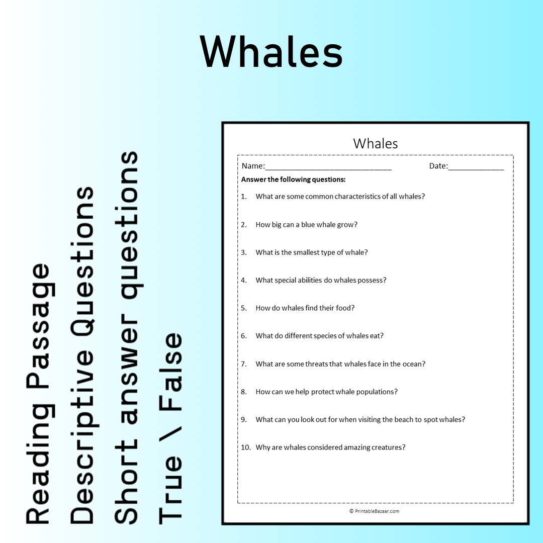 Whales | Reading Comprehension Passage Printable Worksheet