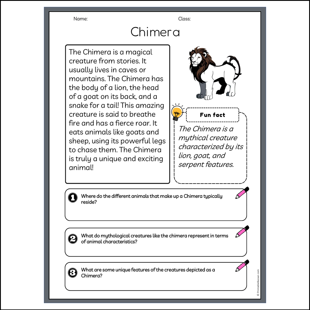 Chimera | Reading Passage Comprehension Questions Writing Facts Worksheet