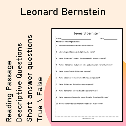 Leonard Bernstein | Reading Comprehension Passage Printable Activity