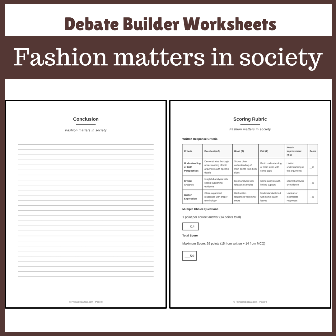 Fashion matters in society | Favour and Against Worksheet Printable Activity
