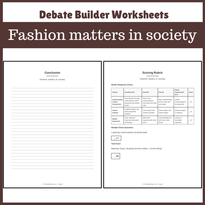 Fashion matters in society | Favour and Against Worksheet Printable Activity