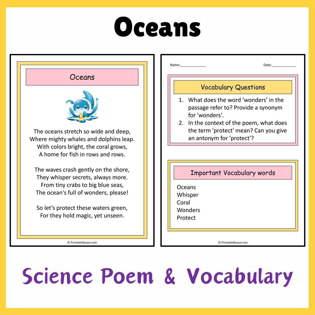 Oceans | Science Poem Reading Comprehension Activity