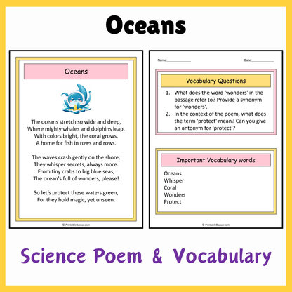 Oceans | Science Poem Reading Comprehension Activity