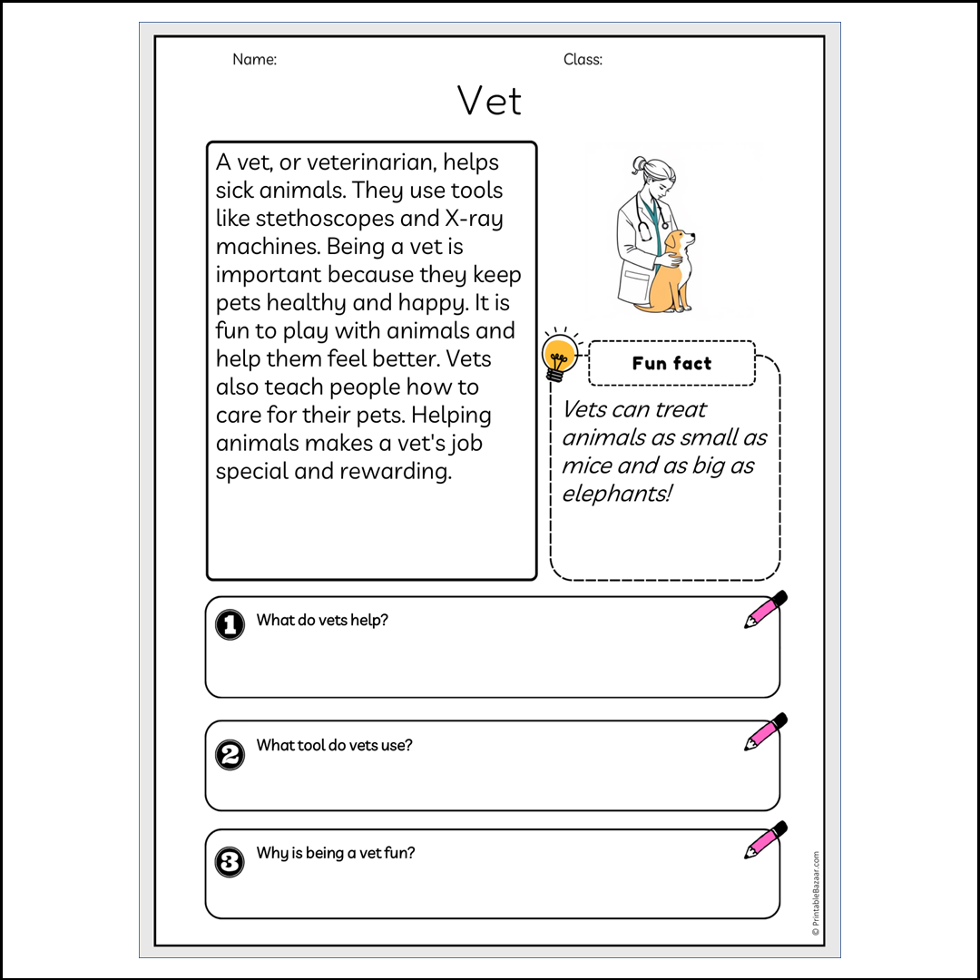 Vet | Reading Passage Comprehension Questions Writing Facts Worksheet