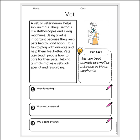 Vet | Reading Passage Comprehension Questions Writing Facts Worksheet