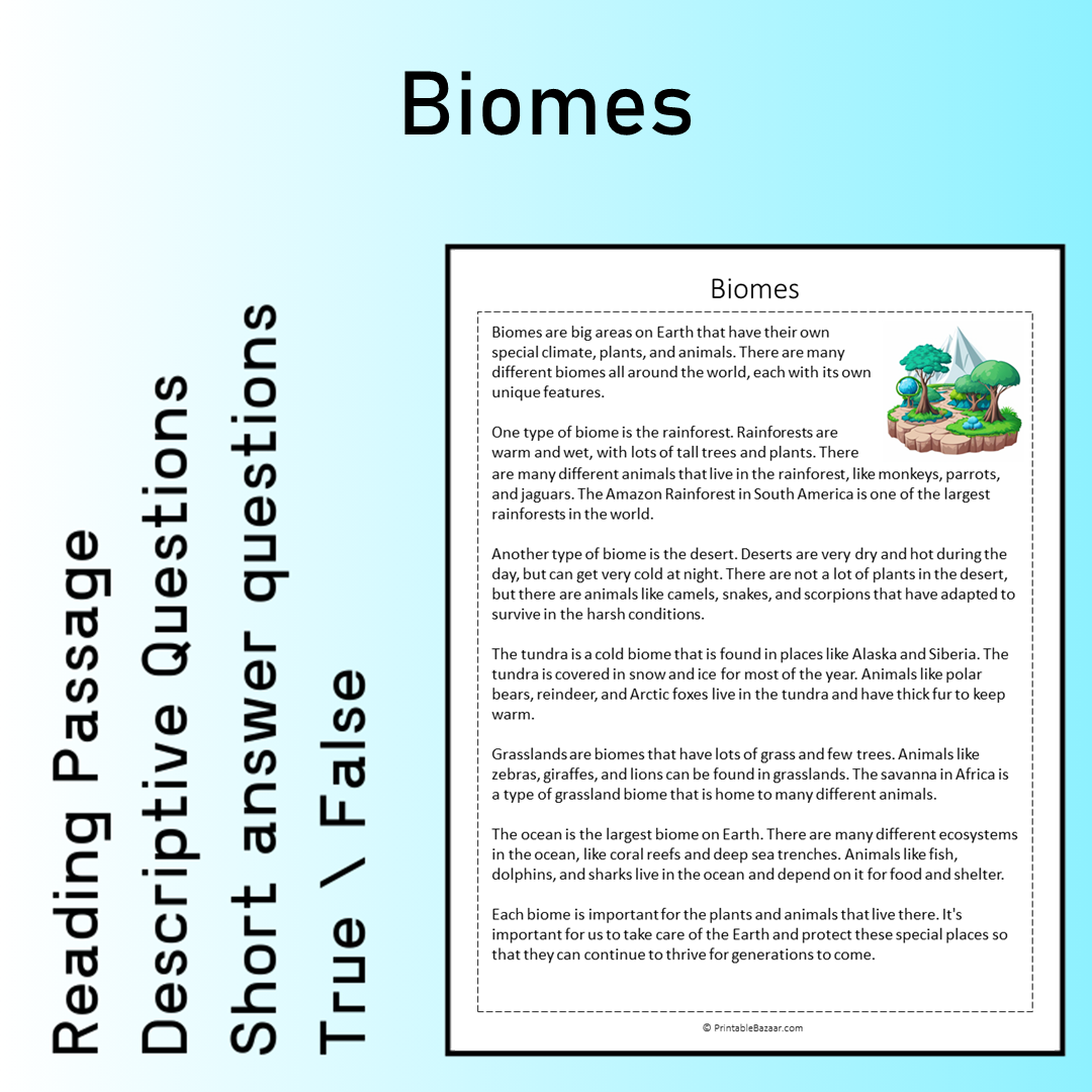 Biomes | Reading Comprehension Passage Printable Worksheet