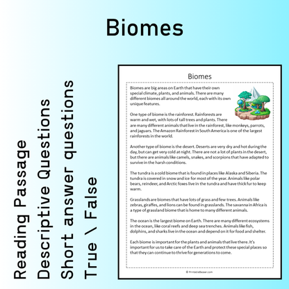 Biomes | Reading Comprehension Passage Printable Worksheet