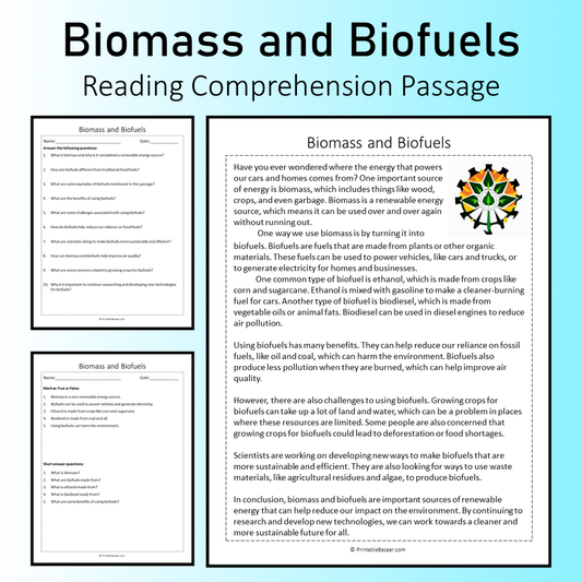 Biomass and Biofuels | Reading Comprehension Passage Printable Worksheet