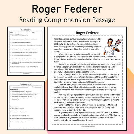 Roger Federer | Reading Comprehension Passage Printable Activity