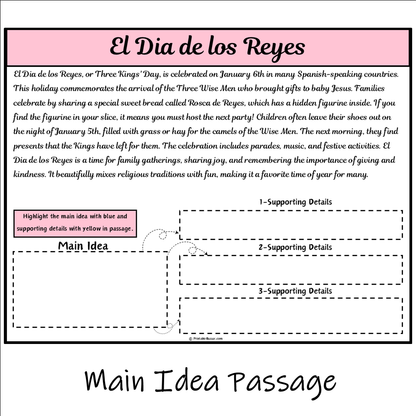 El Dia de los Reyes | Main Idea and Supporting Details Reading Passage and Questions