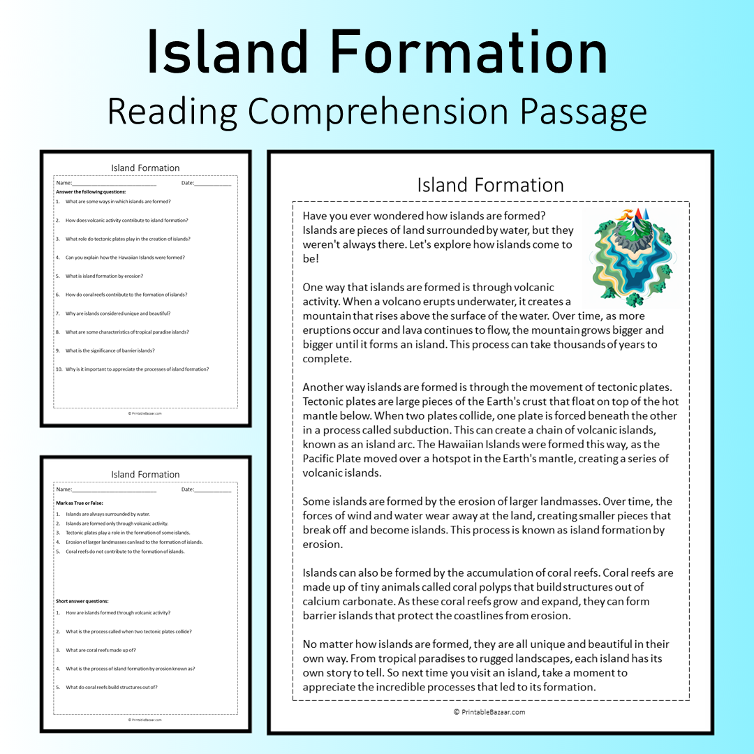 Island Formation | Reading Comprehension Passage Printable Worksheet