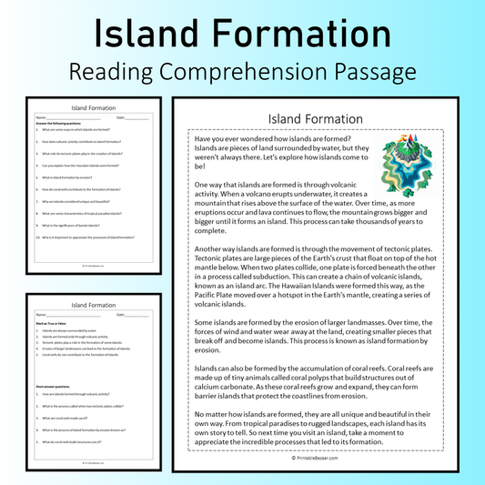 Island Formation | Reading Comprehension Passage Printable Worksheet