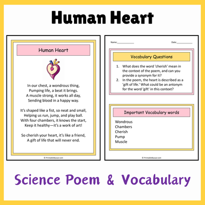 Human Heart | Science Poem Reading Comprehension Activity