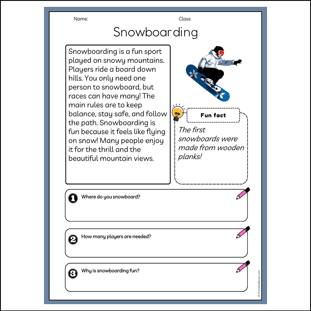 Snowboarding | Reading Passage Comprehension Questions Writing Facts Worksheet