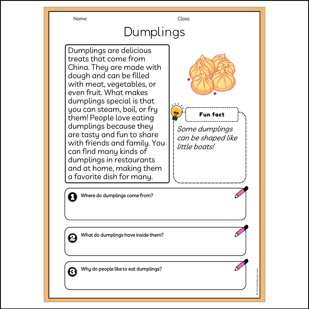 Dumplings | Reading Passage Comprehension Questions Writing Facts Worksheet