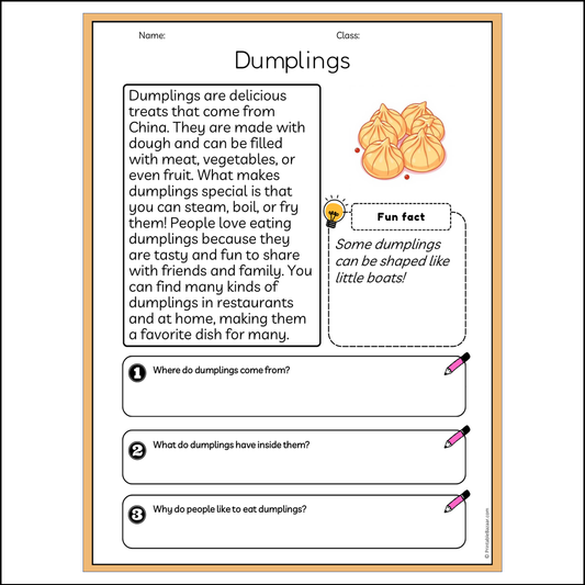 Dumplings | Reading Passage Comprehension Questions Writing Facts Worksheet