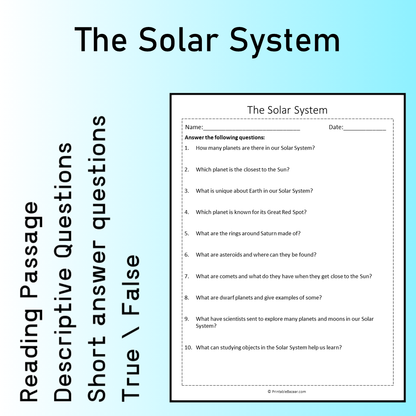 The Solar System | Reading Comprehension Passage Printable Worksheet