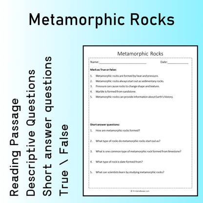 Metamorphic Rocks | Reading Comprehension Passage Printable Worksheet