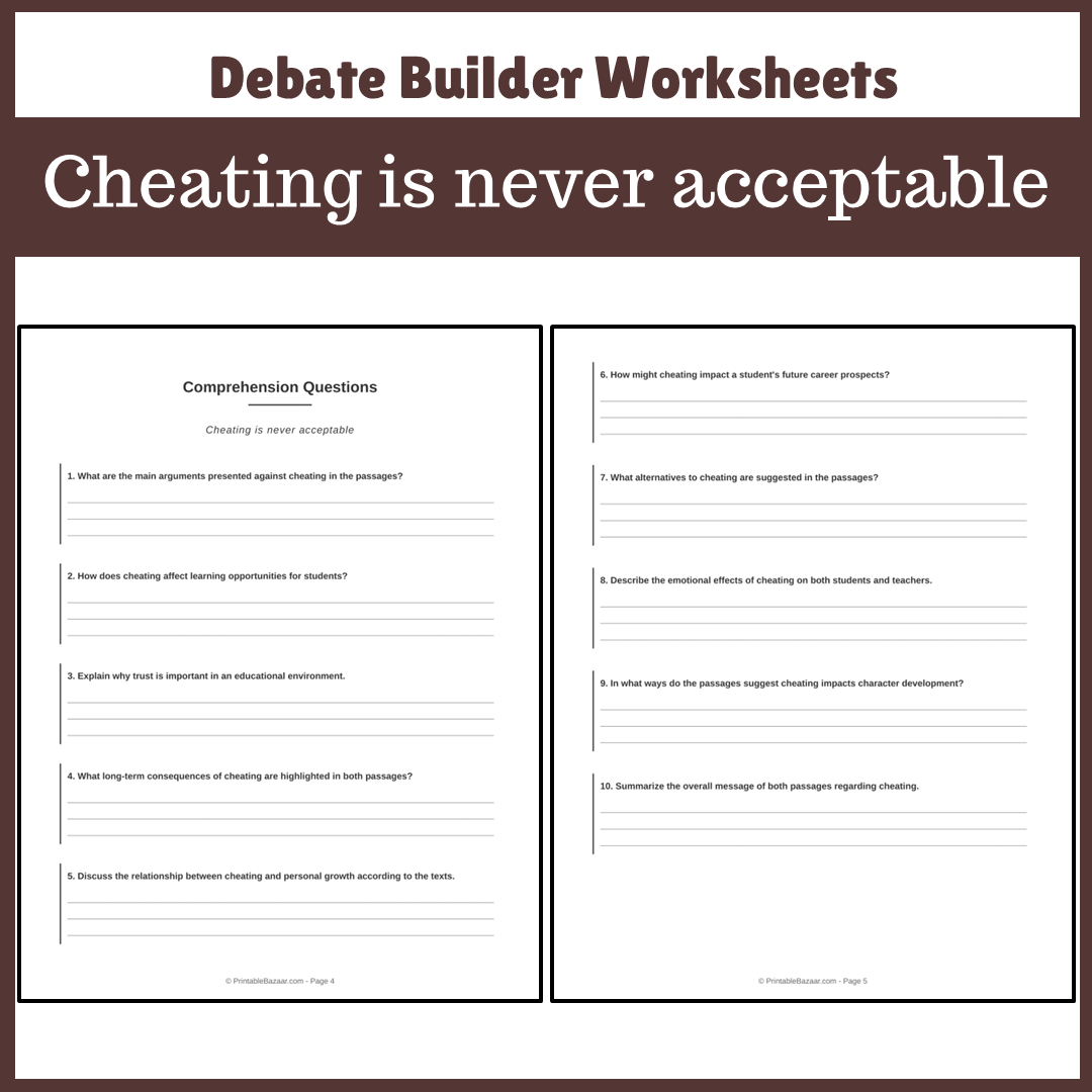 Cheating is never acceptable | Favour and Against Worksheet Printable Activity
