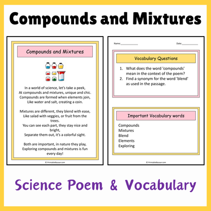 Compounds and Mixtures | Science Poem Reading Comprehension Activity