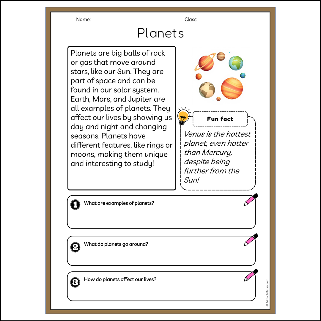 Planets | Reading Passage Comprehension Questions Writing Facts Worksheet