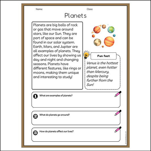 Planets | Reading Passage Comprehension Questions Writing Facts Worksheet