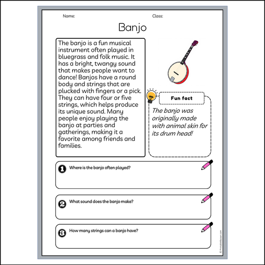 Banjo | Reading Passage Comprehension Questions Writing Facts Worksheet