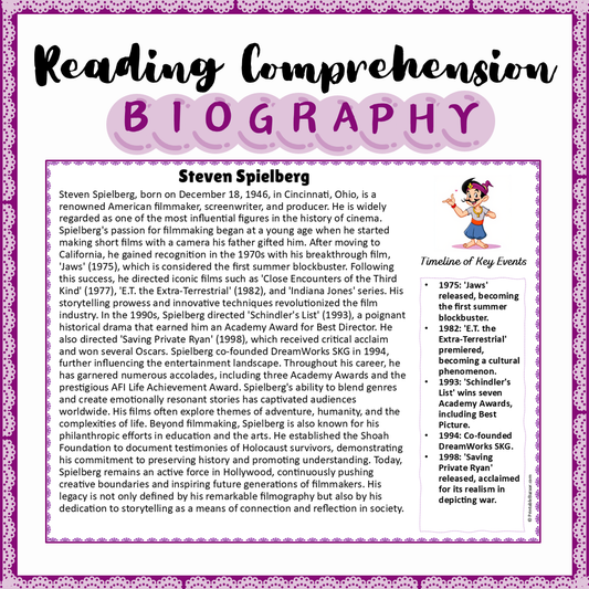 Steven Spielberg | Biography Reading Comprehension and Questions Worksheet