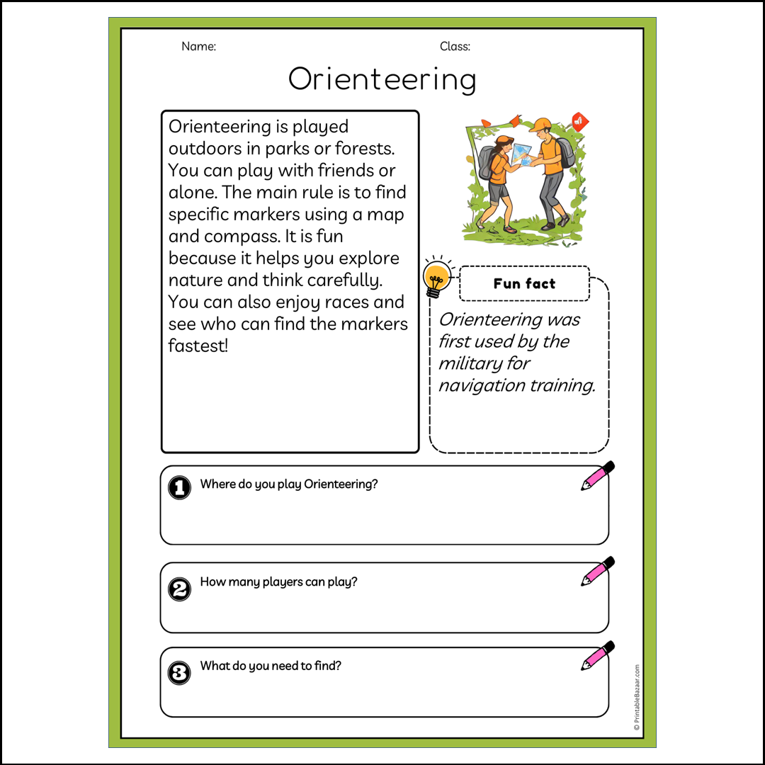 Orienteering | Reading Passage Comprehension Questions Writing Facts Worksheet