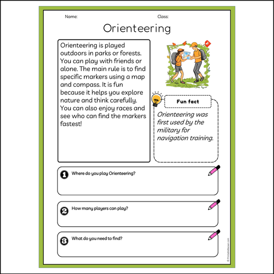 Orienteering | Reading Passage Comprehension Questions Writing Facts Worksheet