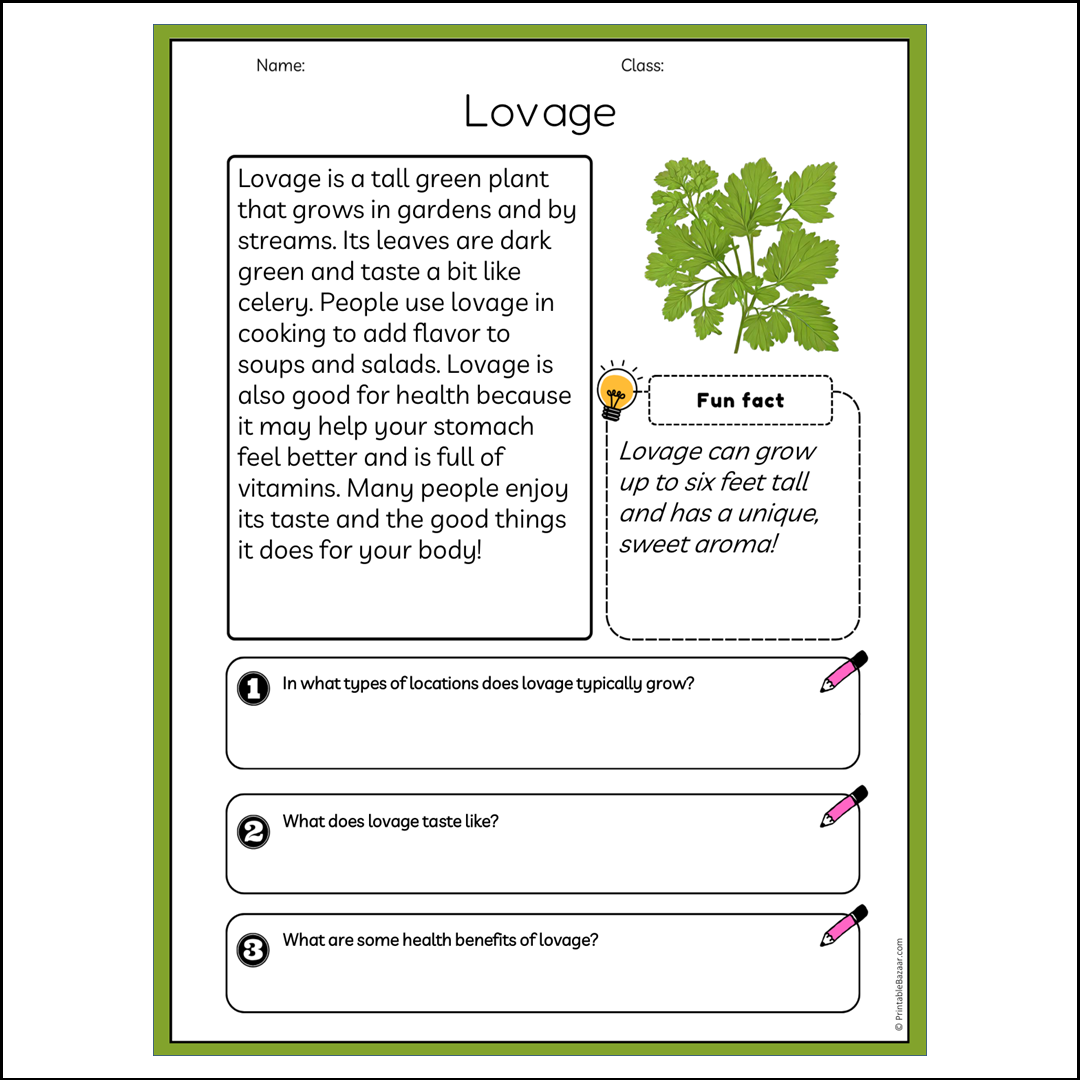 Lovage | Reading Passage Comprehension Questions Writing Facts Worksheet