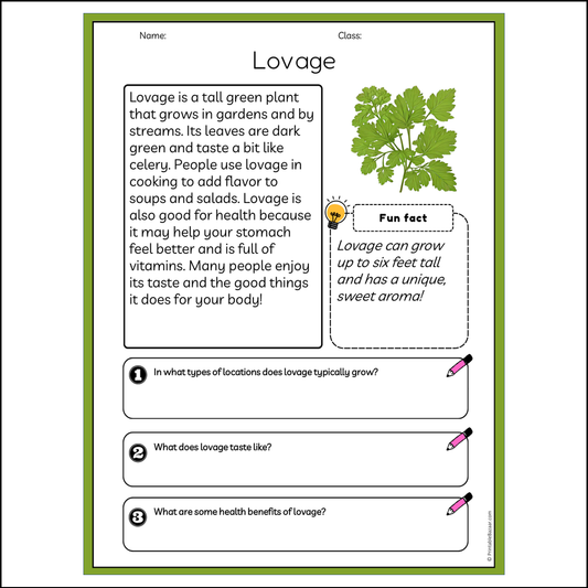 Lovage | Reading Passage Comprehension Questions Writing Facts Worksheet