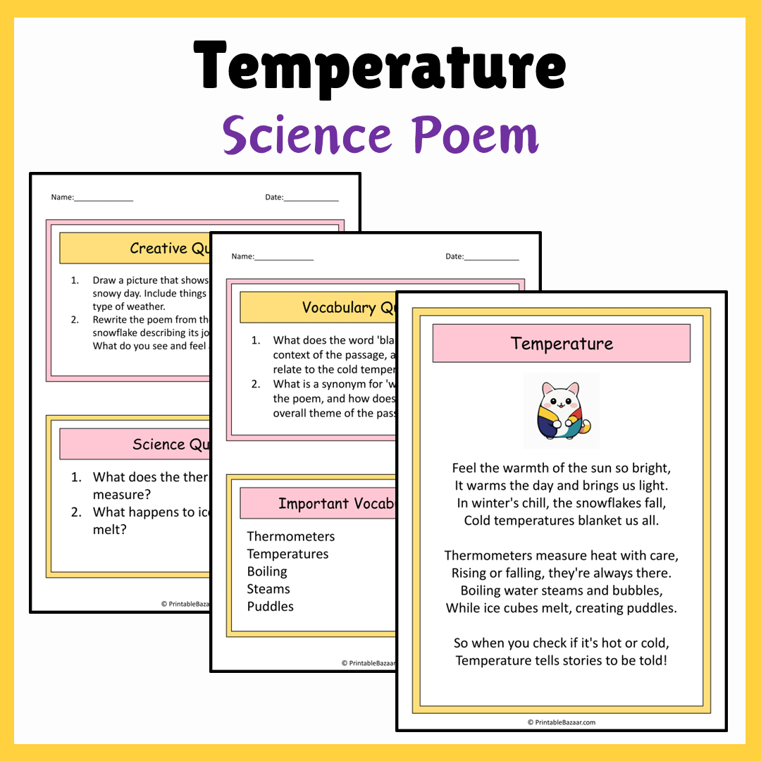 Temperature | Science Poem Reading Comprehension Activity